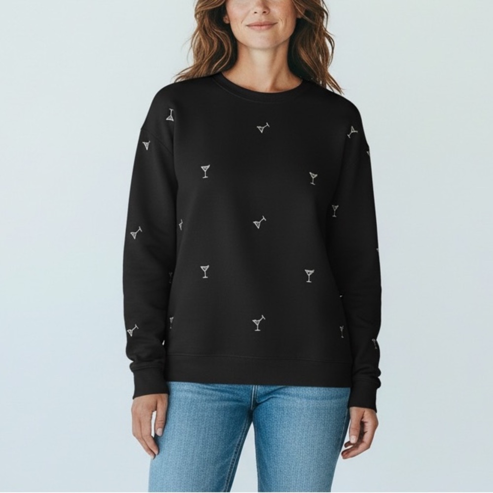 Studio Black Crewneck Sweater with Mini Martini Embroidery